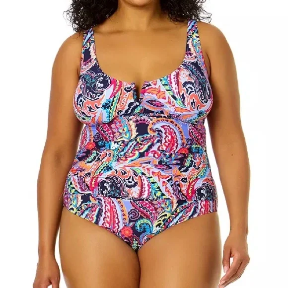 Plus Size Notched Scoop-Neck One-Piece Swimsuit - Picture 1 of 7